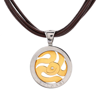 Bvlgari Tondo Snake Pendant Necklace Leather with Stainless Steel and 18K Yellow Gold with Diamond
