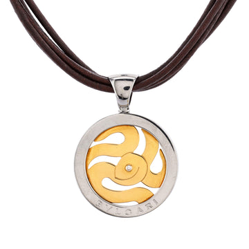 Bvlgari Tondo Snake Pendant Necklace Leather with Stainless Steel and 18K Yellow Gold with Diamond