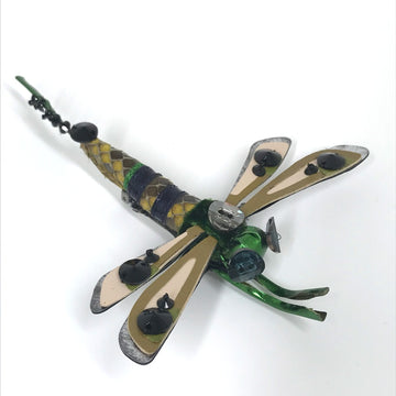 Dragonfly Brooch Leather Green x Pink