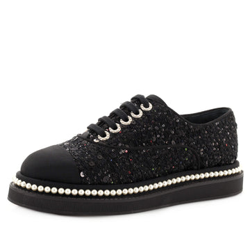 Women's CC Cap Toe Platform Sneakers Sequin Embellished Tweed with Pearls