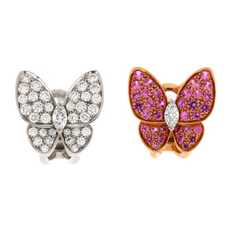 Two Butterfly Stud Earrings 18K White Gold and 18K Rose Gold with Diamonds and Pink Sapphires