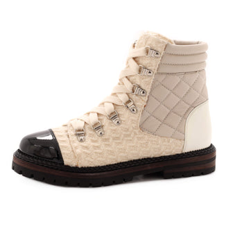 Women's Cap Toe Combat Boots Tweed and Quilted Leather