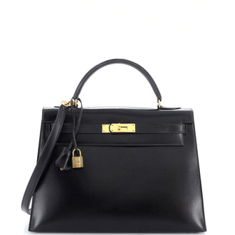 Kelly Handbag Noir Box Calf with Gold Hardware 32