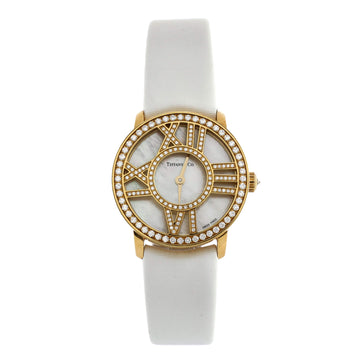 Tiffany & Co. Atlas Cocktail Round Quartz Watch Yellow Gold and Satin with Diamond Bezel and Markers and Mother of Pearl 26
