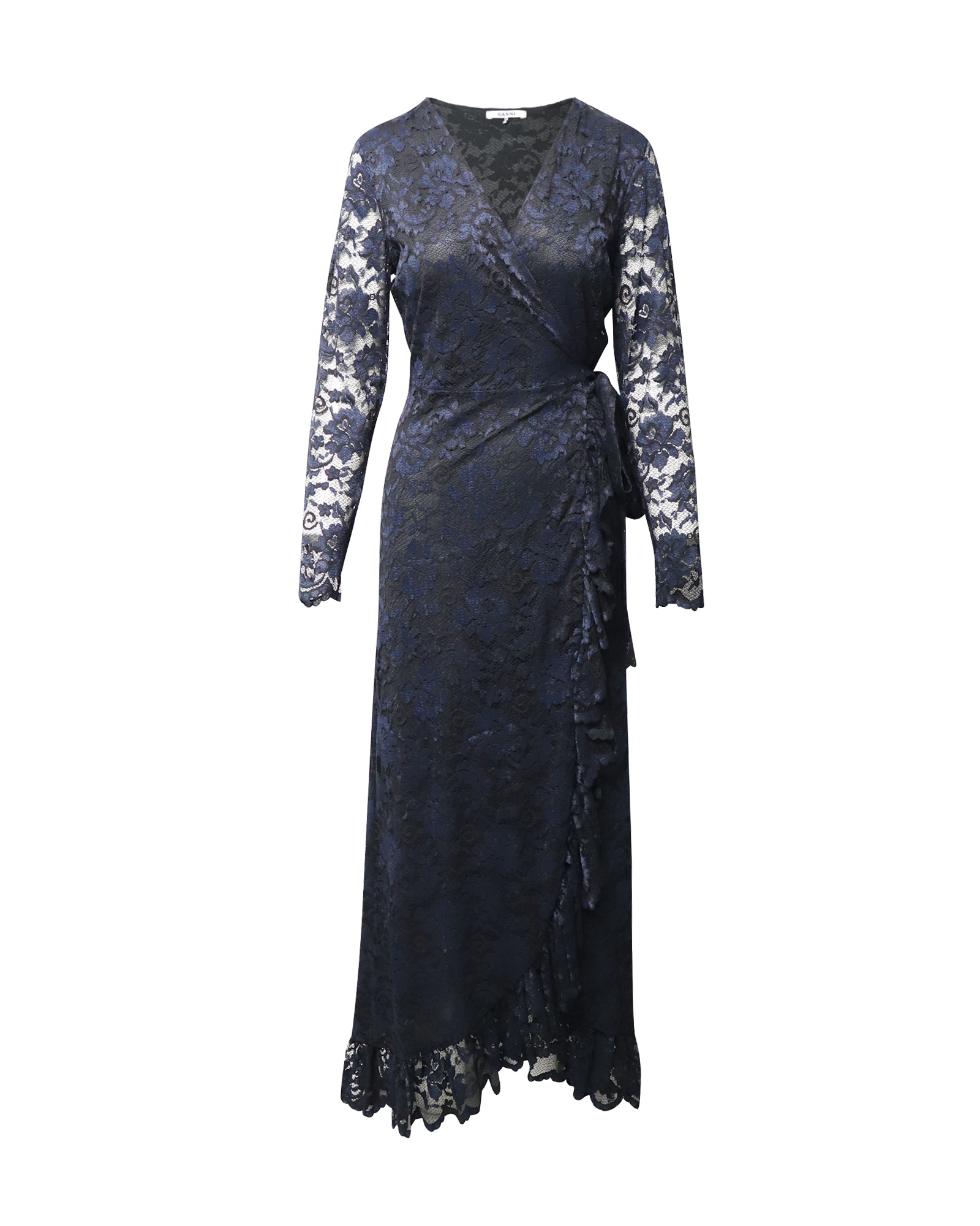 ganni lace dress blue Women's Flynn Ruffle Wrap in Navy Polyamide This romantic mini dress