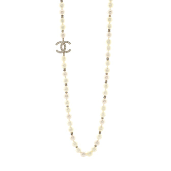 Chanel CC Single Strand Long Necklace Faux Pearls with Metal and Crystals Large