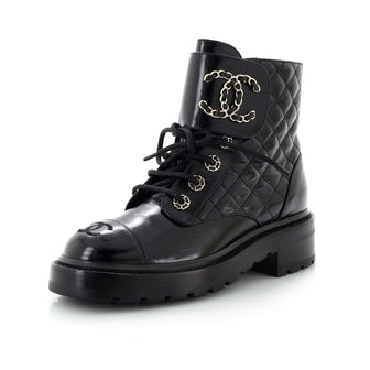Chanel Women's Chain CC Cap Toe Lace Up Combat Boots Quilted Shiny Calfskin