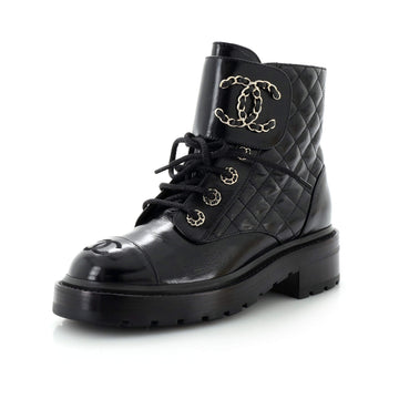 Chanel Women's Chain CC Cap Toe Lace Up Combat Boots Quilted Shiny Calfskin