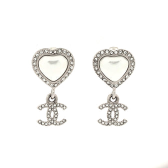 Chanel CC Dangle Heart Earrings Metal with Faux Pearls and Crystals