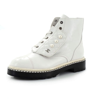 Chanel Women's Cap Toe CC Chain Around Pearl Combat Boots Leather