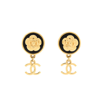 Chanel Camellia CC Drop Earrings Metal with Leather