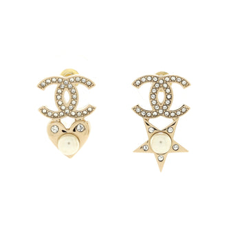 Chanel Charming Winter CC Heart Star Earrings Crystal Embellished Metal and Faux Pearls