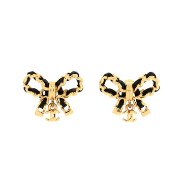 Chanel CC Bow Stud Earrings Metal and Leather