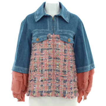 Chanel Women's Two-Pocket Zip Jacket Denim with Tweed and Chiffon