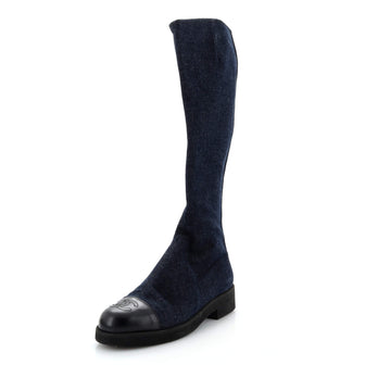Chanel Women's CC Cap Toe Knee High Boots Denim with Leather