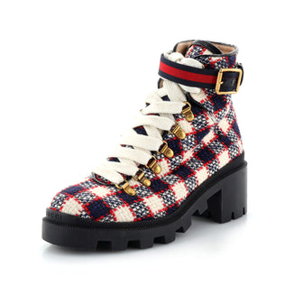 Gucci Women's Heeled Lace Up Combat Ankle Boots Tweed