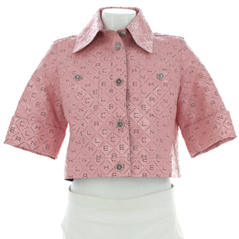 Chanel Women's Logo Cropped Short Sleeve Button Up Jacket Perforated Leather