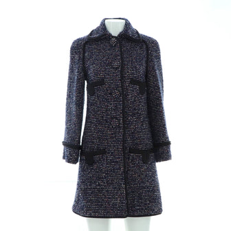 Chanel Women's Four Pocket Trim Detail Collared Button Up Coat Tweed with SIlk