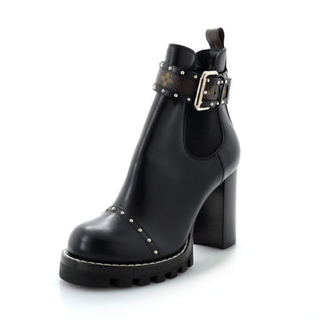 Louis Vuitton Women's Star Trail Buckle Chelsea Ankle Boots Studded Leather with Monogram Canvas