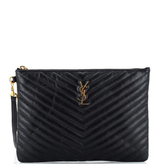 Saint Laurent Classic Monogram Wristlet Pouch Matelasse Chevron Leather Medium