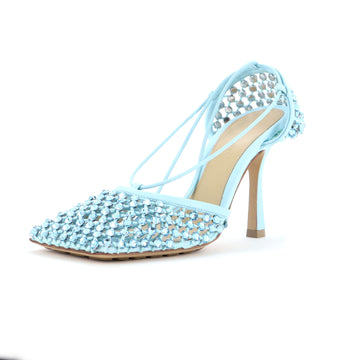 Bottega Veneta Women's Sparkle Stretch Heeled Sandals Crystal Embellished Mesh and Leather