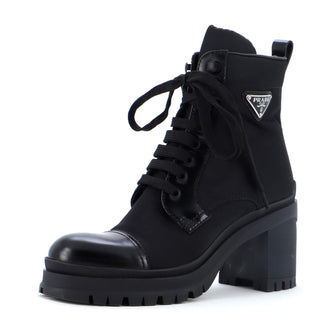 Prada Women's Triangle Logo Heeled Ankle Boots Nylon and Leather