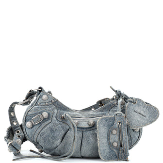 Balenciaga Le Cagole Giant Studs Shoulder Bag Denim with Crystals Small