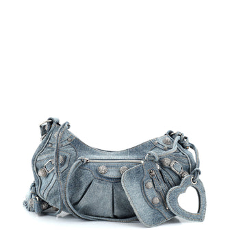 Balenciaga Le Cagole Giant Studs Shoulder Bag Denim with Crystals Small