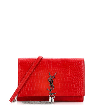 Saint Laurent Classic Monogram Tassel Chain Wallet Crocodile Embossed Leather