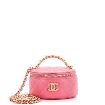 Chanel Pearl Logo Top Handle Round Vanity Case with Chain Quilted Lambskin Mini