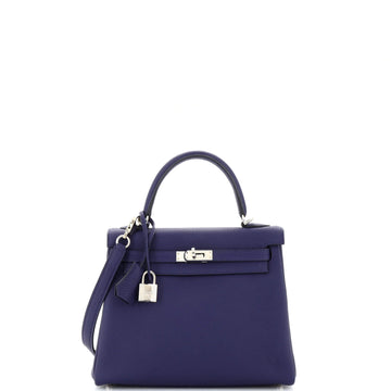 Hermes Kelly Handbag Blue Togo with Palladium Hardware 25