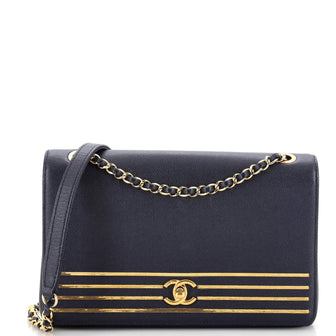 Chanel Captain Gold Flap Bag Embroidered Caviar Medium