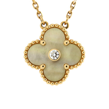 Van Cleef & Arpels Vintage Alhambra Pendant Necklace 18K Yellow Gold and Gold Mother of Pearl with Diamond