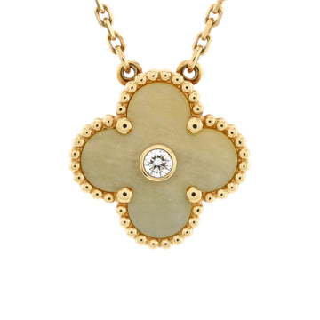 Van Cleef & Arpels Vintage Alhambra Pendant Necklace 18K Yellow Gold and Gold Mother of Pearl with Diamond