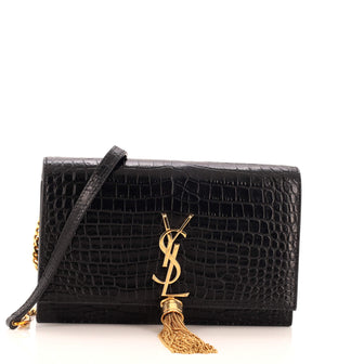 Saint Laurent Classic Monogram Tassel Chain Wallet Crocodile Embossed Leather