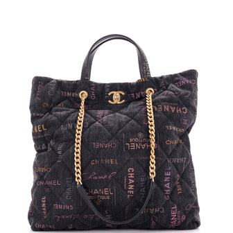 Chanel Denim Mood Shopping Tote Logo Printed Quilted Denim Maxi