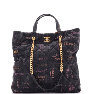 Chanel Denim Mood Shopping Tote Logo Printed Quilted Denim Maxi