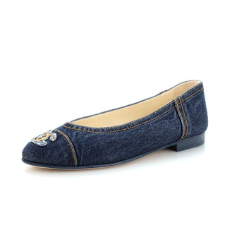 Chanel Women's CC Cap Toe Bow Ballerina Flats Denim with Embroidered Fringe Detail
