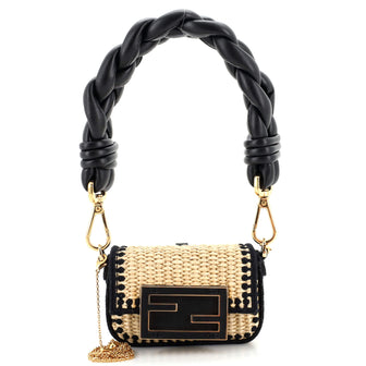 Fendi Chain Baguette Charm Bag Raffia and Leather Nano