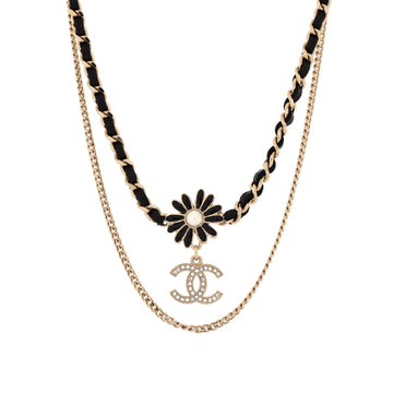 Chanel CC Flower Double Chain Necklace Metal with Leather, Crystals, Enamel and Faux Pearl