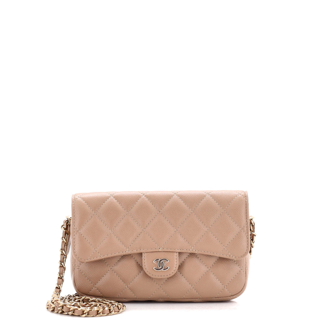 Chanel Classic Flap Phone Holder with Chain Quilted Caviar Neutral