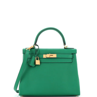 Hermes Kelly Handbag Green Evercolor with Gold Hardware 28