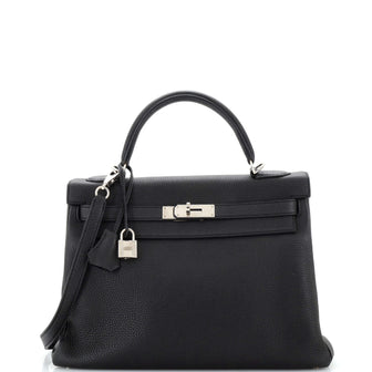 Hermes Kelly Handbag Black Clemence with Palladium Hardware 32
