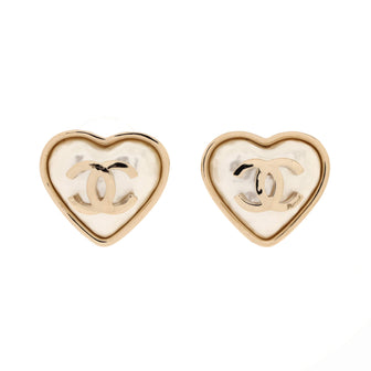 Chanel CC Heart Stud Earrings Metal and Faux Pearl