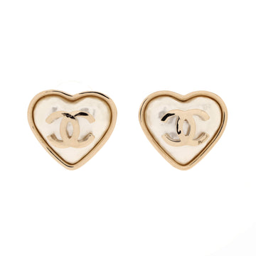 Chanel CC Heart Stud Earrings Metal and Faux Pearl
