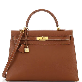 Hermes Kelly Handbag Brown Clemence with Gold Hardware 35
