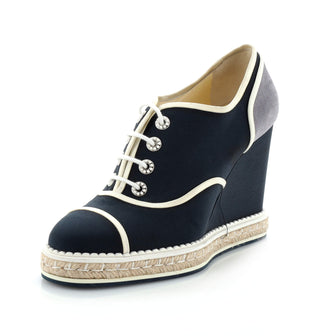 Chanel Women's Cap Toe Lace Up Espadrille Wedge Boots Fabric with Suede