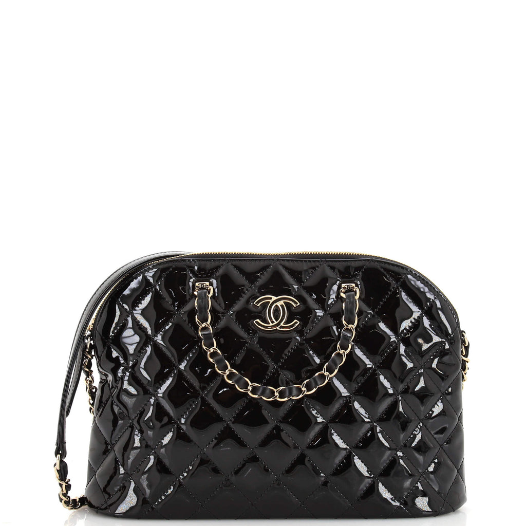 シャネル Chanel CC Dome Zip Shopping Bag Quilted Patent Small Black 25959410