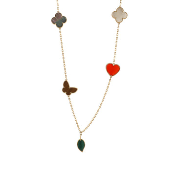 Van Cleef & Arpels Lucky Alhambra 12 Motifs Necklace 18K Yellow Gold with Carnelian, Malachite, Mother of Pearl and Tiger Eye