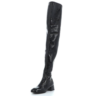Prada Women's Naplak Block Heel Over The Knee Boots Patent